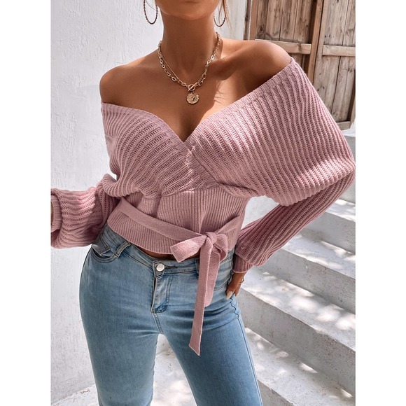 Surplice Neck Cut Out Back Batwing Sleeve Knot Front Sweater pink - Picture 4 of 6